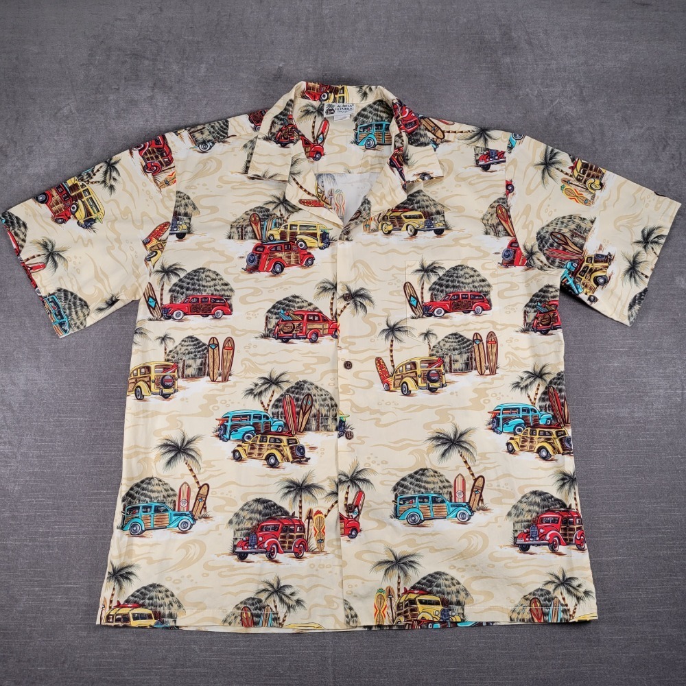 Aloha Republic Hawaiian Shirt Woodie Surfboard Palm Trees Made in USA Sz XL